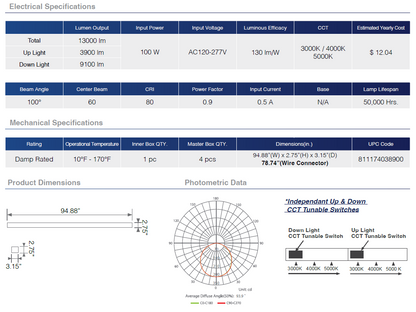 Commercial Linear Pendant Lighting 100W 8ft Up and Down Black Fixture
