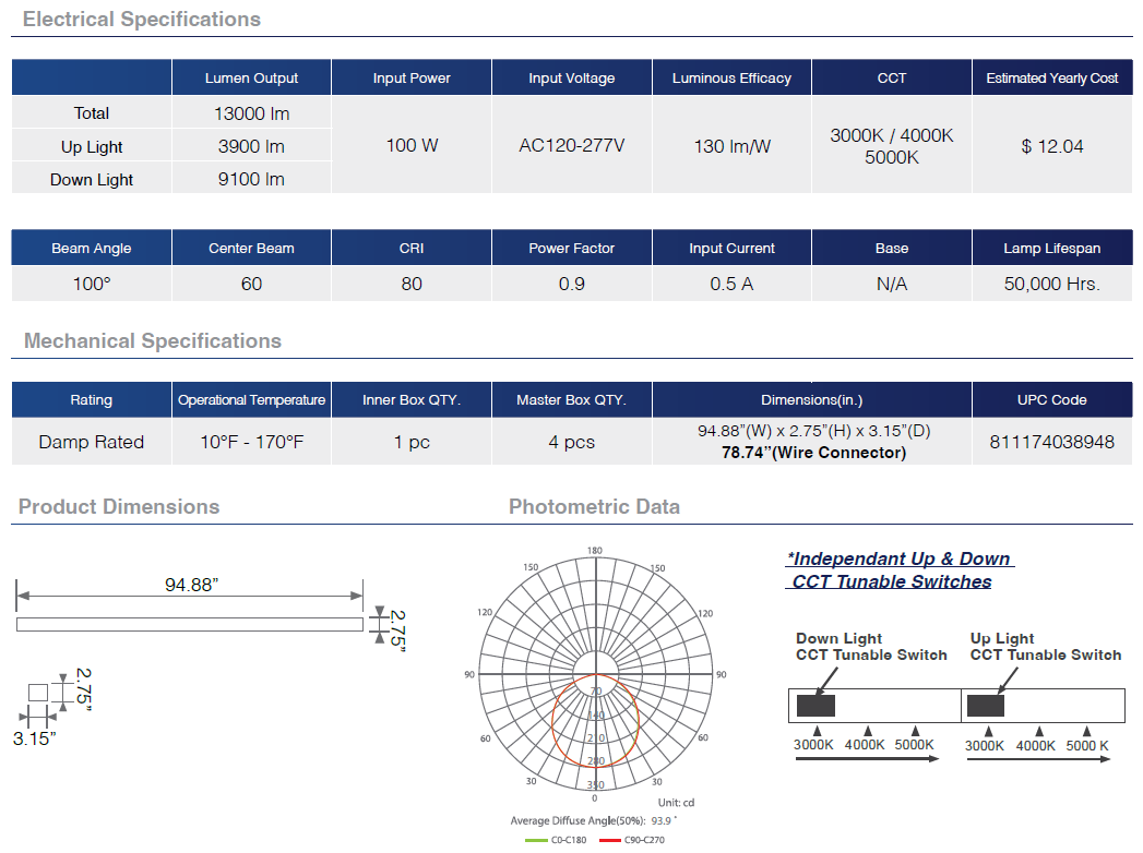 Commercial Linear Pendant Lighting 100W 8ft Up and Down White Fixture