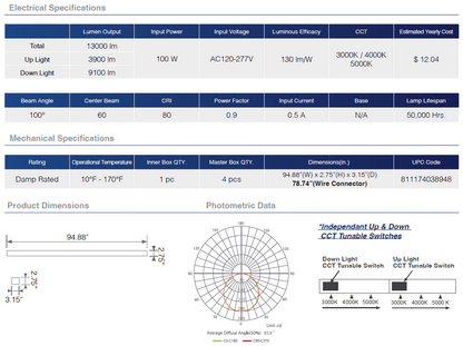 Commercial Linear Pendant Lighting 100W 8ft Up and Down White Fixture