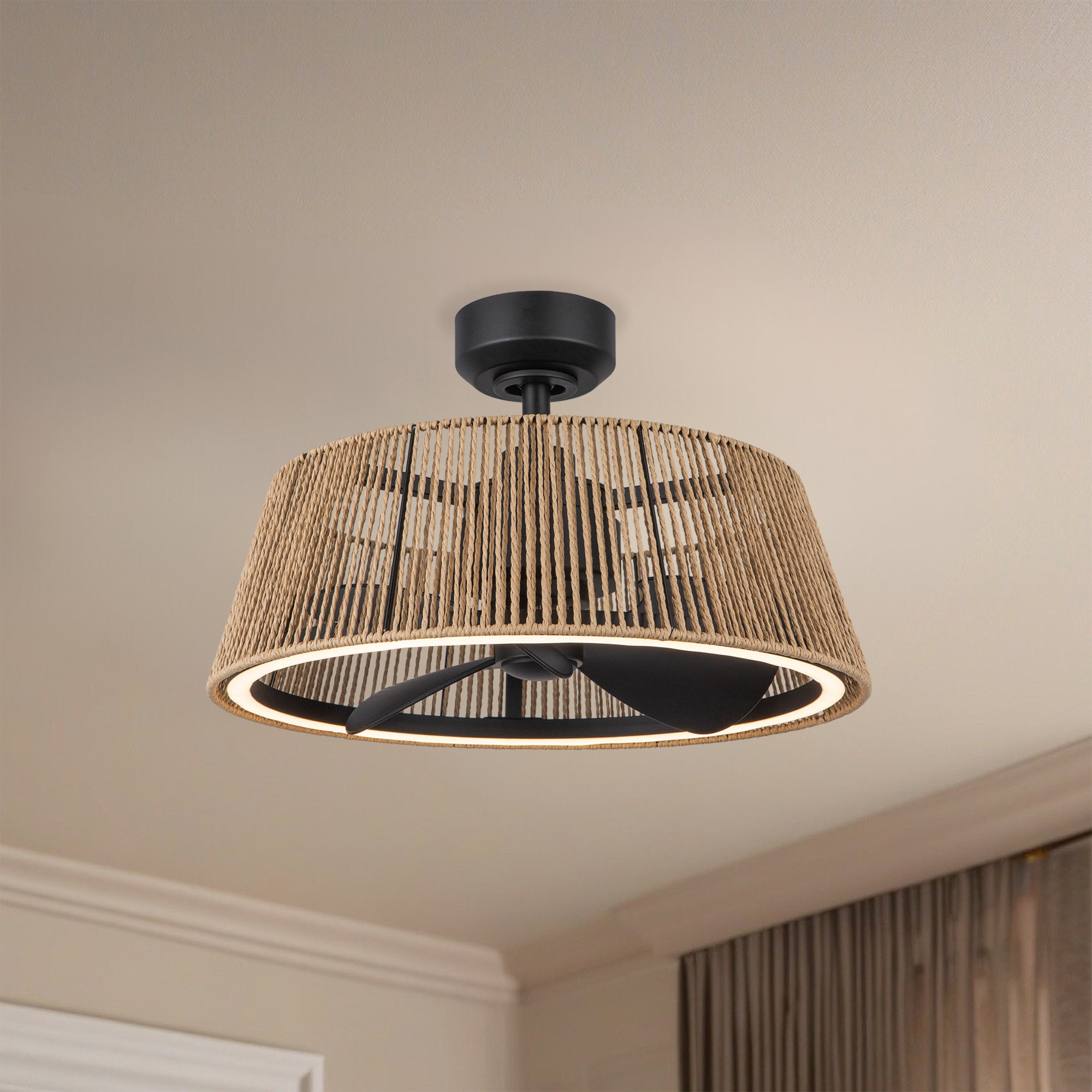 Isla 24-in Matte Black and Braided Rope Reversible DC LED Ceiling Fan