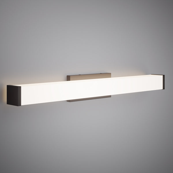 Axis 36 inch matte black integrated LED vanity light, dimmable 30W with white acrylic diffuser, from Modern Lights