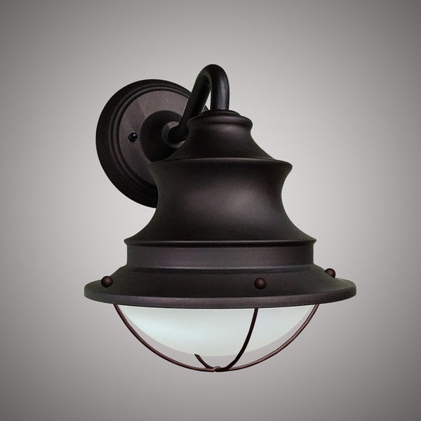 Black powder coated LED exterior wall sconce with wire guard
