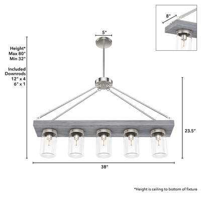 Devon Park 38-inch 5-light Brushed Nickel and Grey Wood Linear Chandelier with Clear Glass