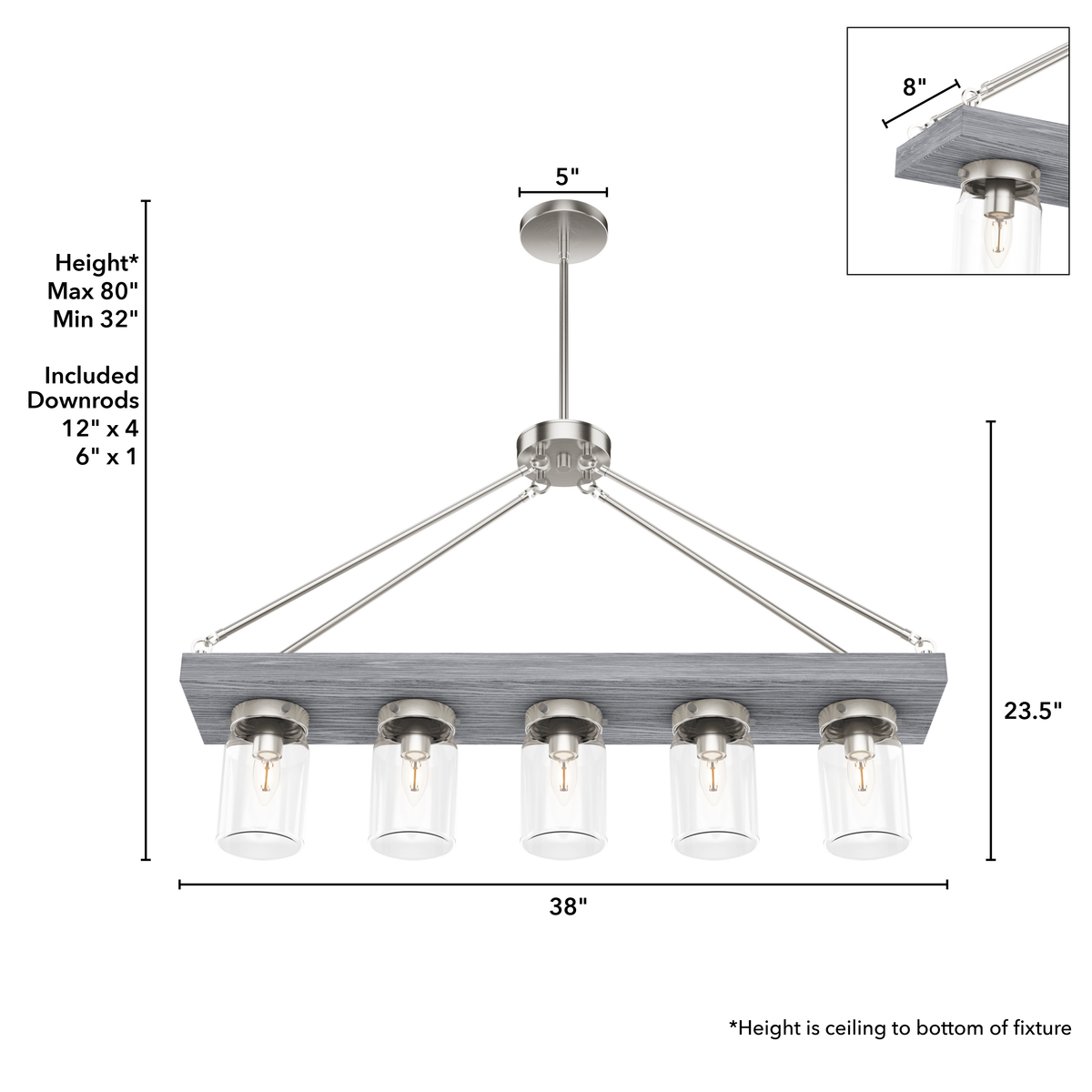 Devon Park 38-inch 5-light Brushed Nickel and Grey Wood Linear Chandelier with Clear Glass