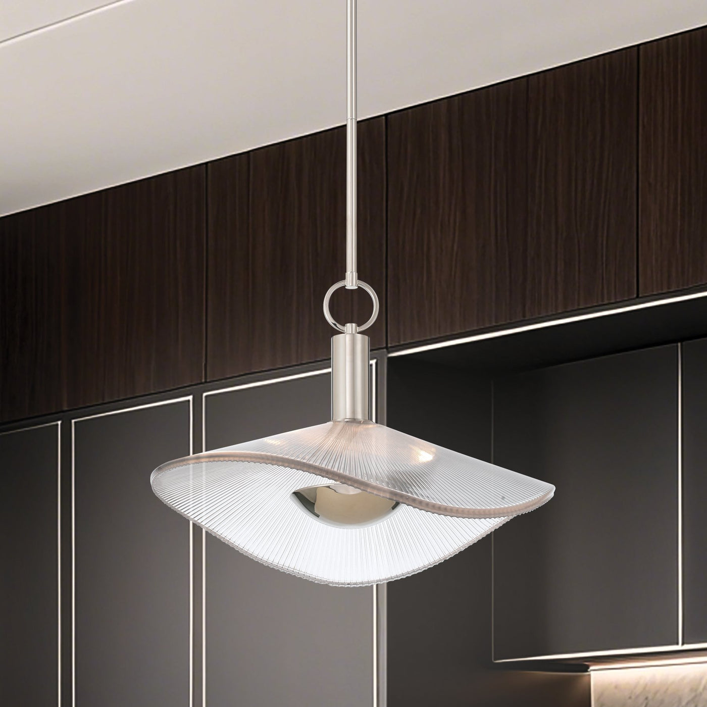 Novella 18-inch Polished Nickel LED Convertible Pendant with Clear Ribbed Glass Shade