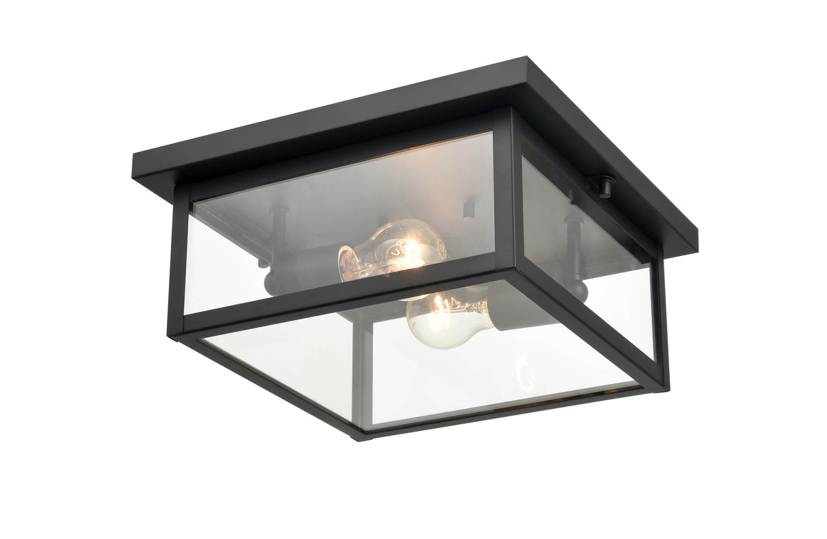 12-inch Evanton Powder Coated Black 2-Light Outdoor Flush Mount Ceiling Light with Clear Glass
