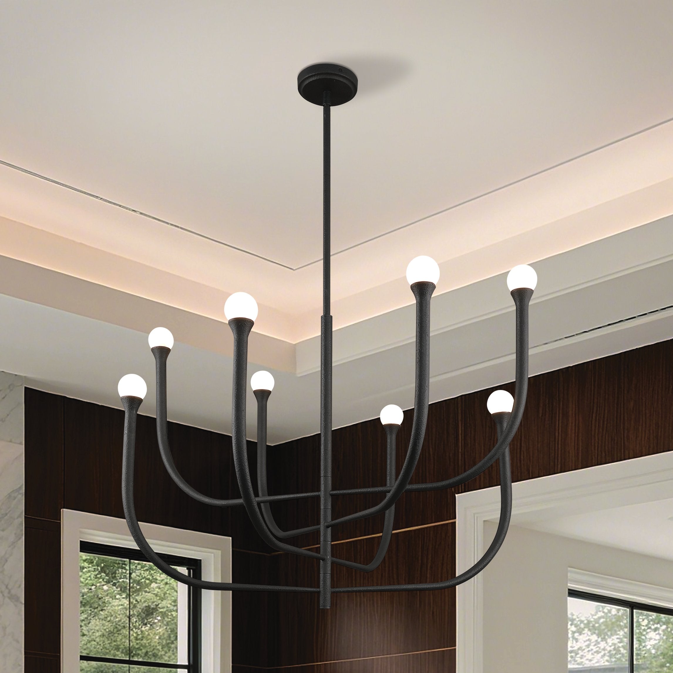 Dahlia 36-inch 8-light Plaster Black Chandelier with Opal Glass Shades