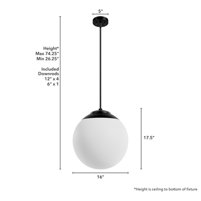 Hepburn 16-inch 3-light Matte Black Globe Pendant with Cased White Glass
