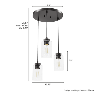 Hartland 13.75-inch 3-light Noble Bronze Round Pendant Cluster with Seeded Glass