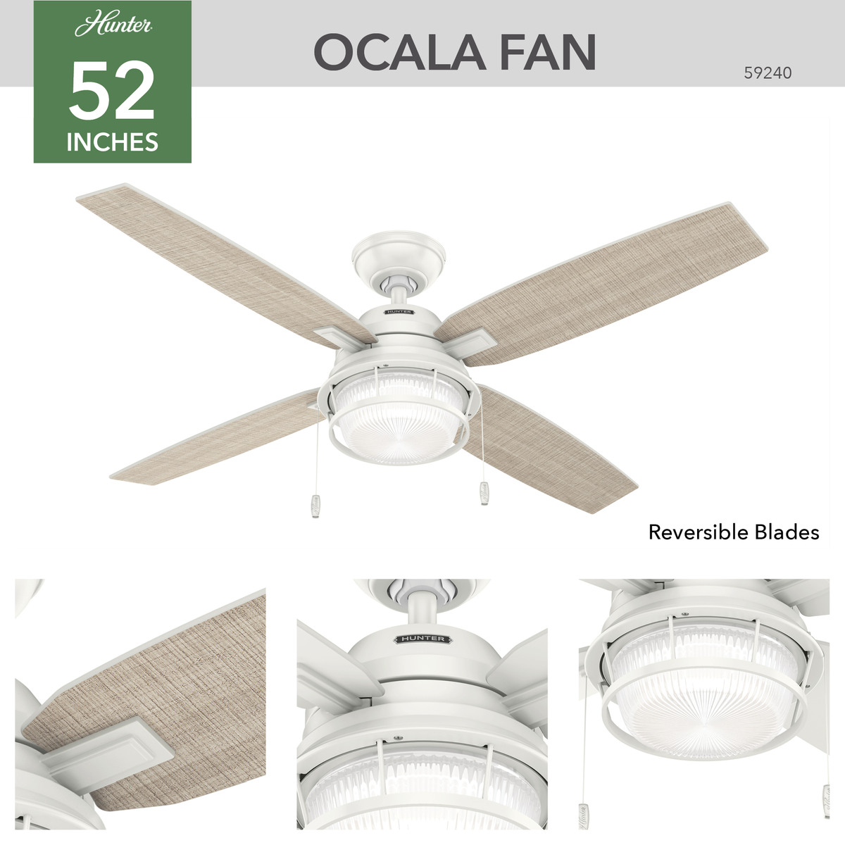 52 inch Ocala Fresh White Damp Rated Ceiling Fan with LED Light Kit and Pull Chain