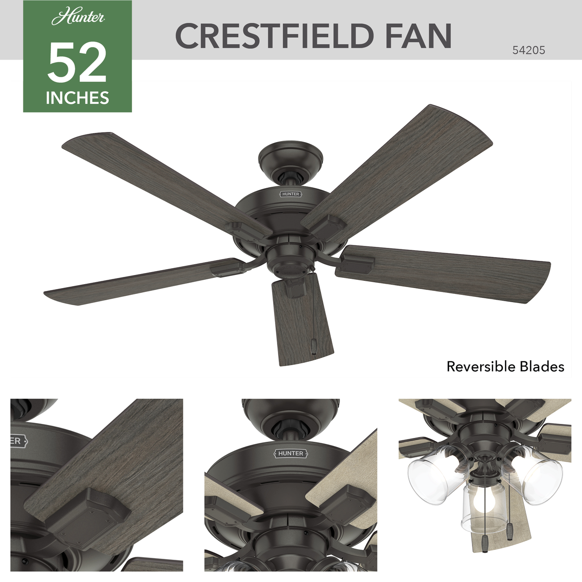52 inch Crestfield Noble Bronze Ceiling Fan with LED Light Kit and Pull Chain