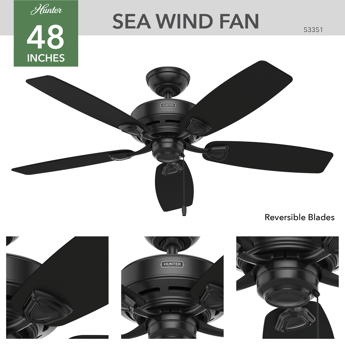 48 inch Sea Wind Matte Black Damp Rated Ceiling Fan and Pull Chain