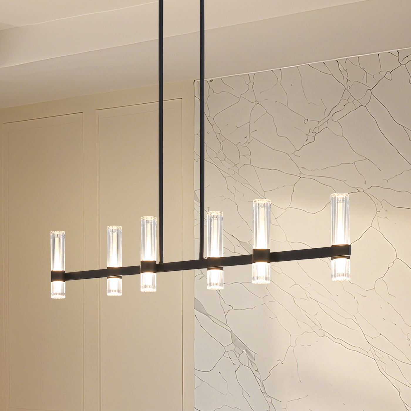 Ristretto 50-inch 12-light Matte Black LED Linear Chandelier with Clear Ribbed and White Acrylic Shades