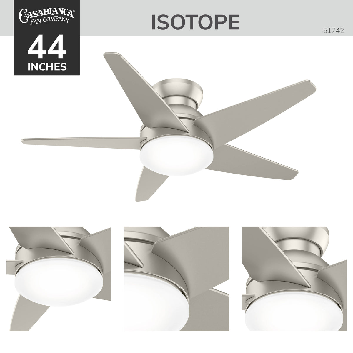Casablanca 44 inch Isotope Matte Nickel Low Profile Ceiling Fan with LED Light Kit and Wall Control