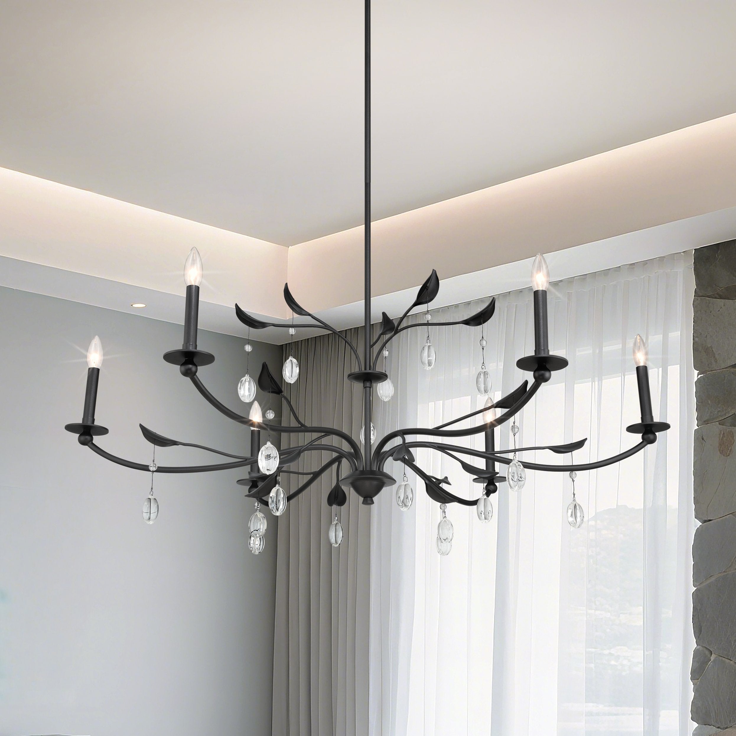 Presley 48-inch 6-light Textured Black Chandelier with Clear Glass Drops