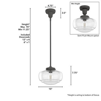 Saddle Creek 10-inch 1-light Noble Bronze Schoolhouse Pendant with Seeded Glass