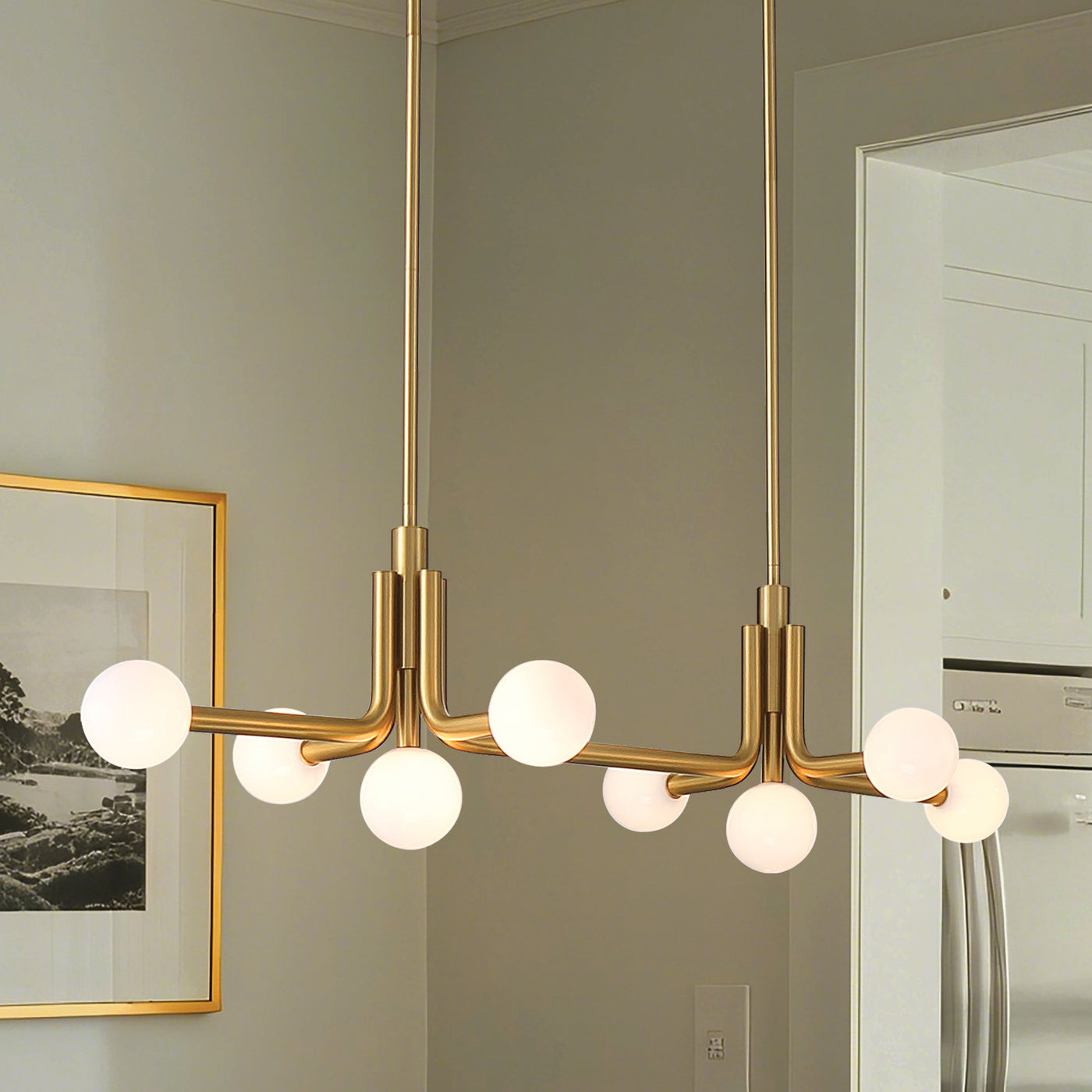 Stockholm 50-inch 8-light Champagne Gold Linear Chandelier with Opal Glass Shades