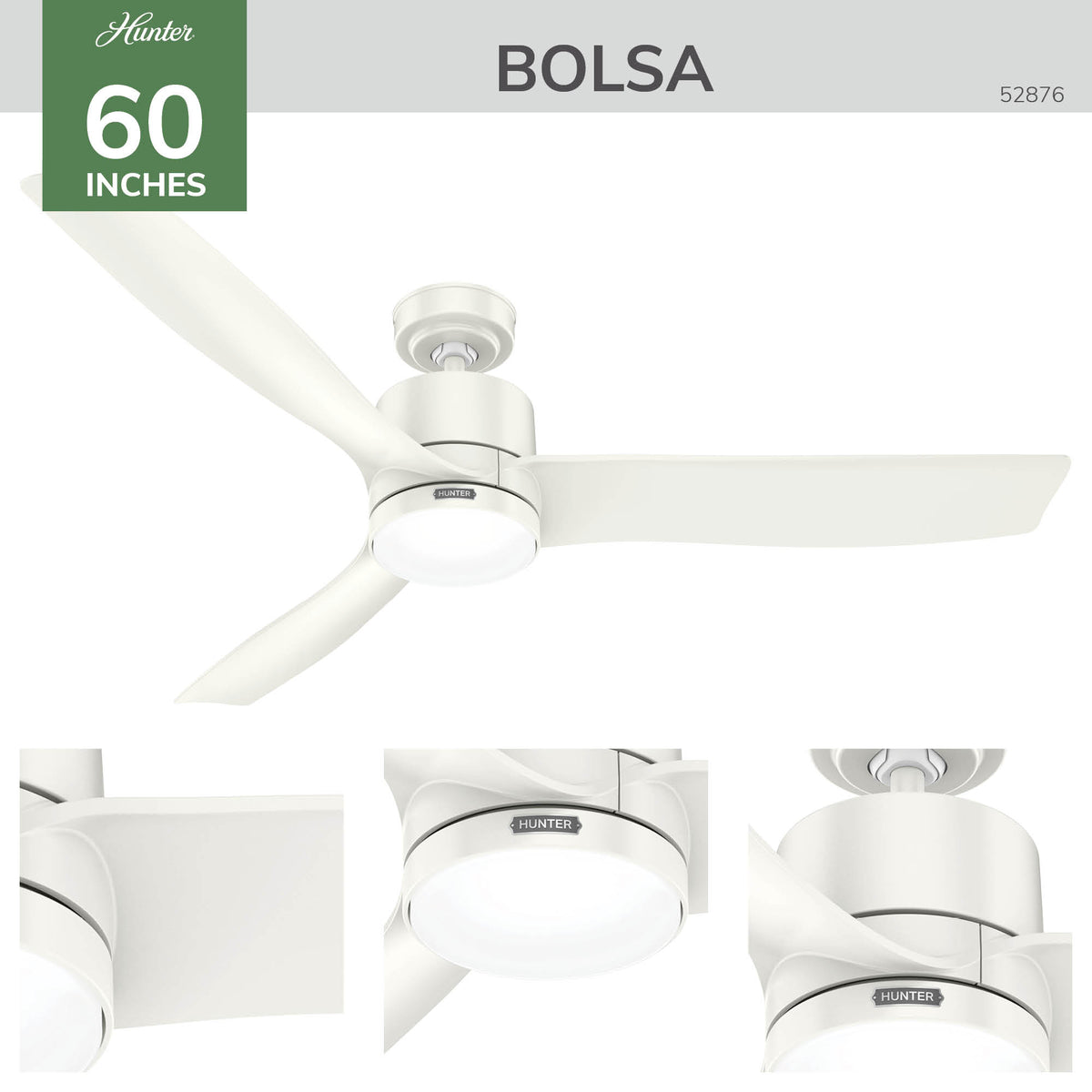 60 inch Bolsa Fresh White Ceiling Fan with LED Light Kit and Handheld Remote