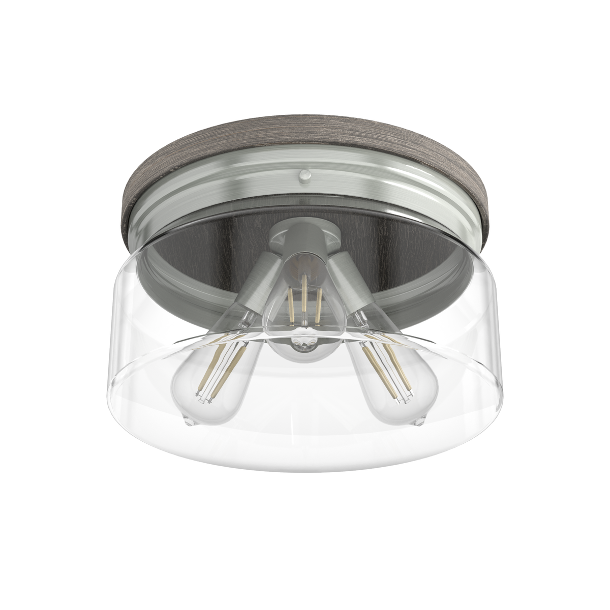 Devon Park 13-inch 3-light Brushed Nickel and Grey Wood Flush Mount Ceiling Light with Clear Glass