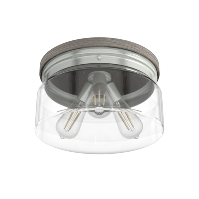 Devon Park 13-inch 3-light Brushed Nickel and Grey Wood Flush Mount Ceiling Light with Clear Glass