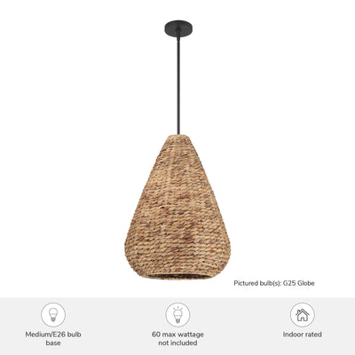 Cambria 18-inch 3-light Matte Black Pendant with Natural Seagrass Shade