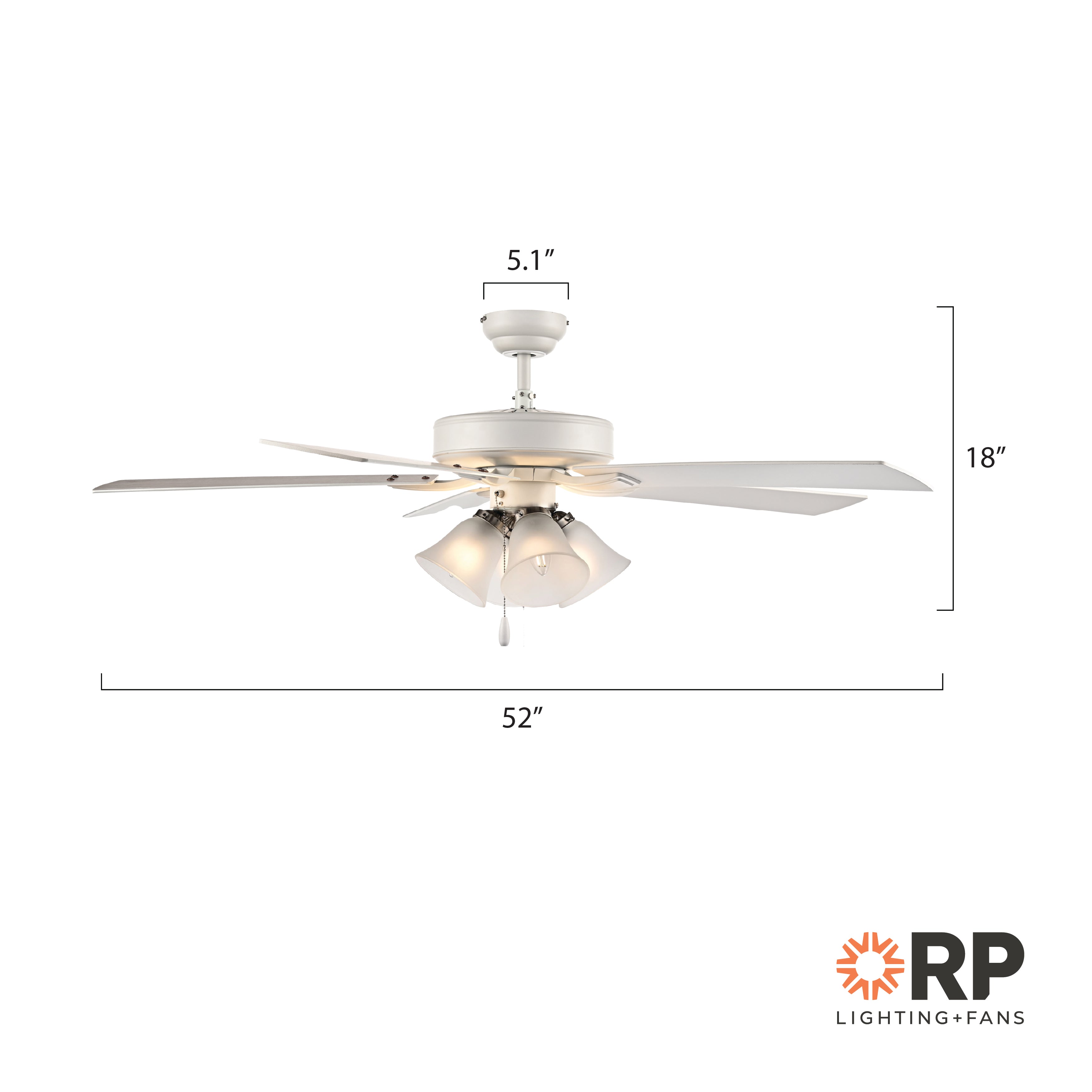 52 Inch Calivane AC Matte White Indoor Ceiling Fan 5-Blade 4 Lights Reversible