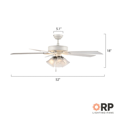 52 Inch Calivane AC Matte White Indoor Ceiling Fan 5-Blade 4 Lights Reversible