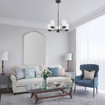 24-inch Verlana Matte Black 5-Light Etched White Glass Chandelier