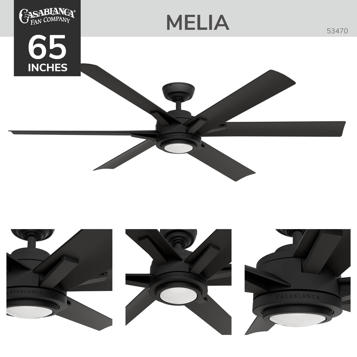 Casablanca 65 inch Melia ENERGY STAR® Matte Black Damp Rated Ceiling Fan with LED Light Kit and Wall Control and Handheld Remote