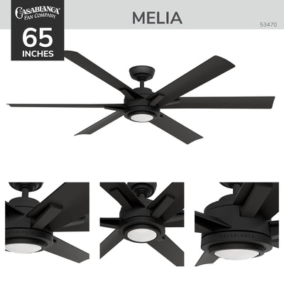 Casablanca 65 inch Melia ENERGY STAR® Matte Black Damp Rated Ceiling Fan with LED Light Kit and Wall Control and Handheld Remote