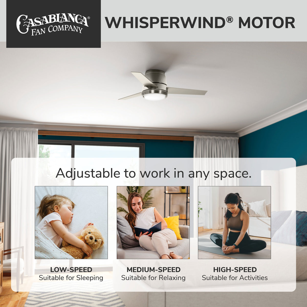 Casablanca 44 inch Commodus Brushed Nickel Low Profile Ceiling Fan with LED Light Kit and Wall Control