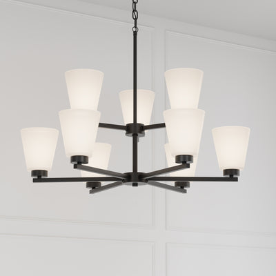 28.5-inch Strayhan Matte Black 9-Light White Frosted Glass Chandelier