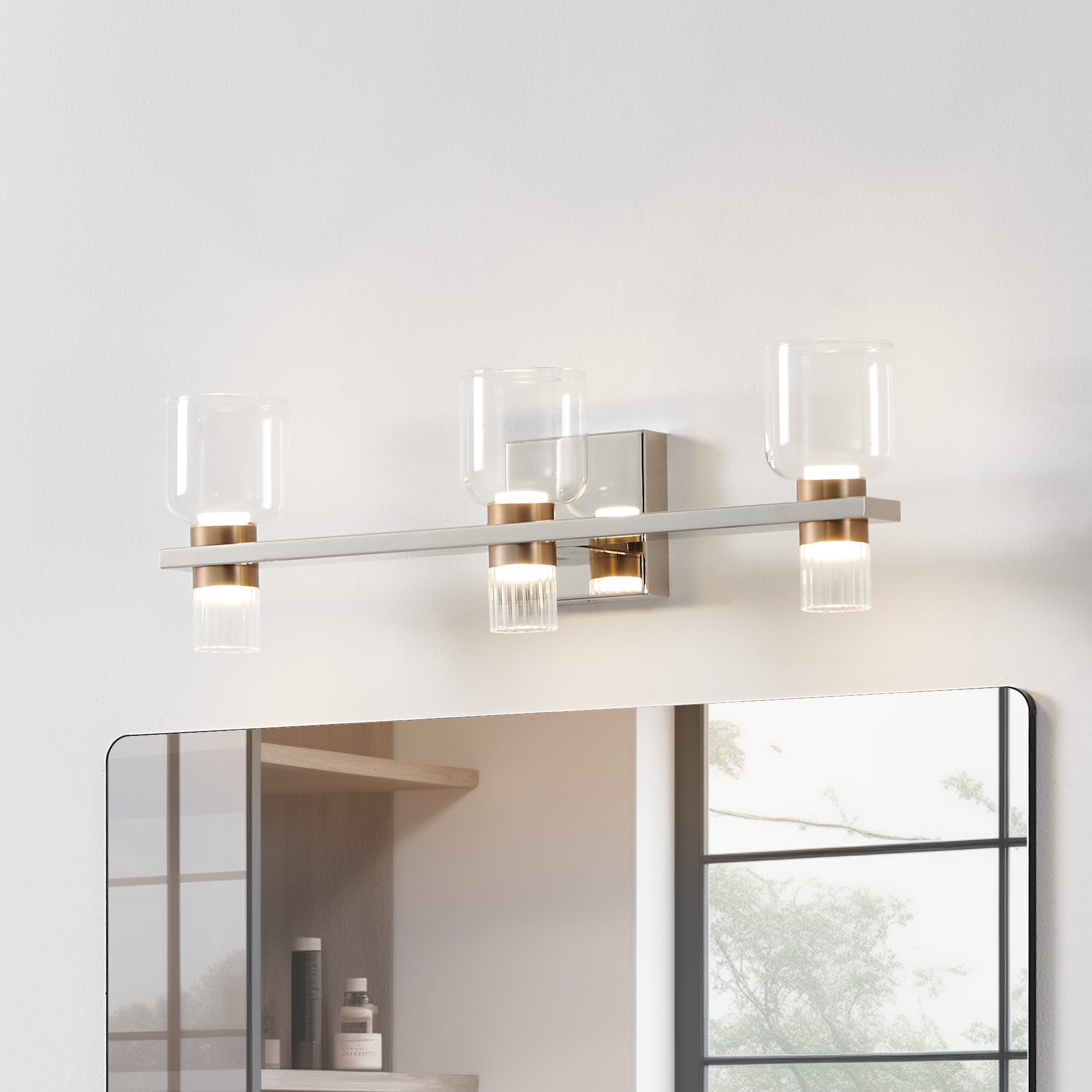 Amelia 24-inch 6-light Polished Nickel and Champagne Gold 5CCT LED Vanity Light with Clear and Clear Ribbed Glass