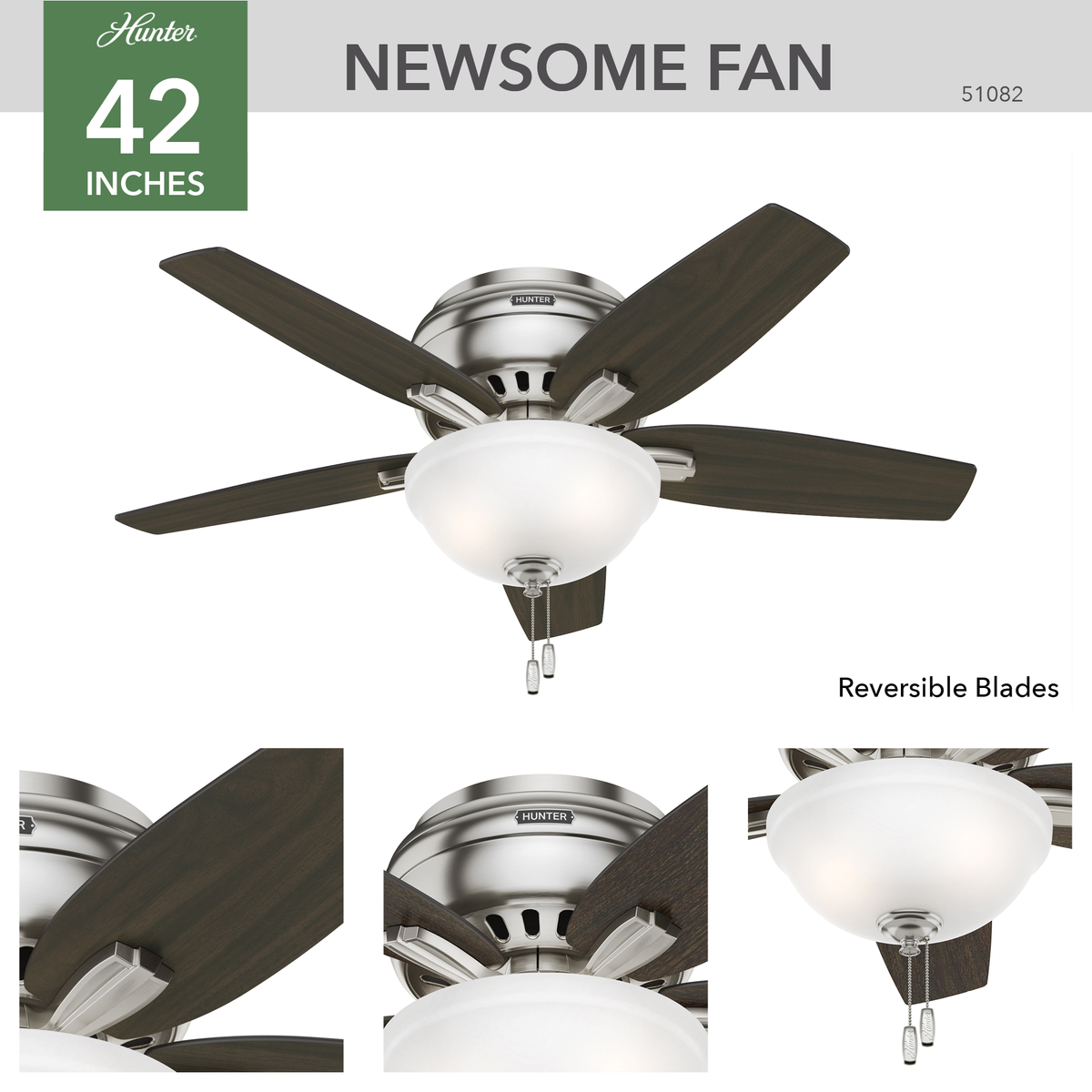 42 inch Newsome Brushed Nickel Low Profile Ceiling Fan with LED Light Kit and Pull Chain