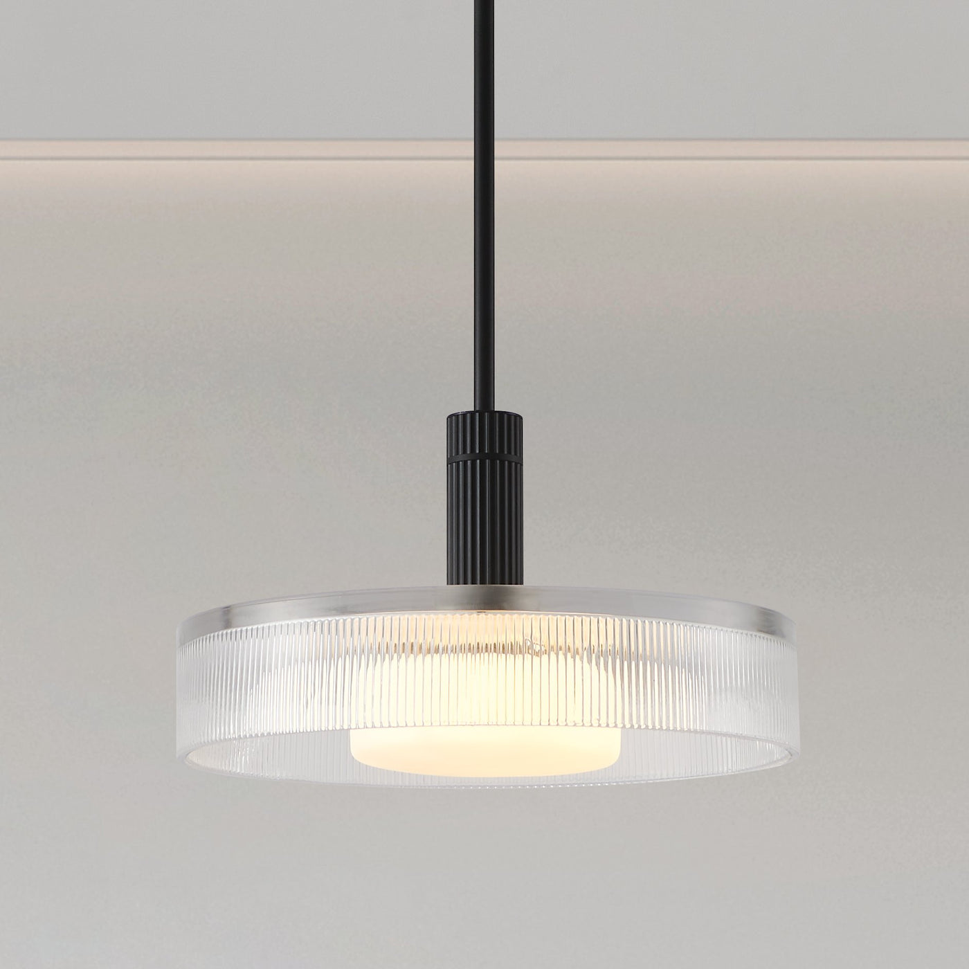 Como 18-inch 1-light Matte Black Convertible Pendant with Clear Ribbed and Opal Glass Shade