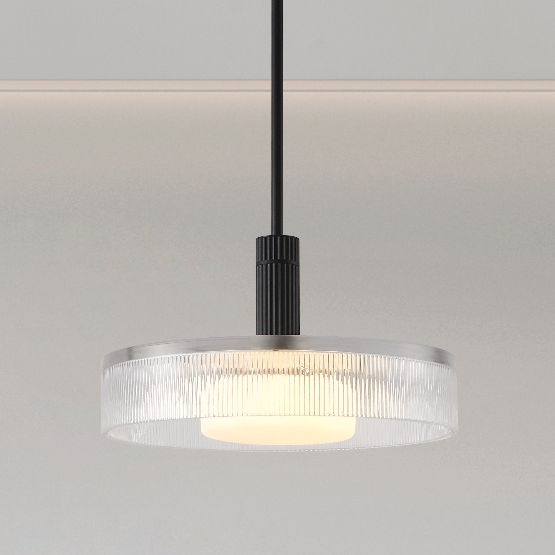 Como 18-inch 1-light Matte Black Convertible Pendant with Clear Ribbed and Opal Glass Shade