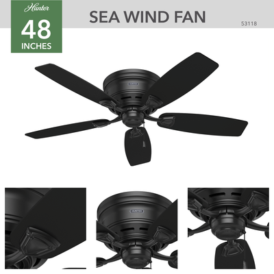 48 inch Sea Wind Matte Black Low Profile Damp Rated Ceiling Fan and Pull Chain