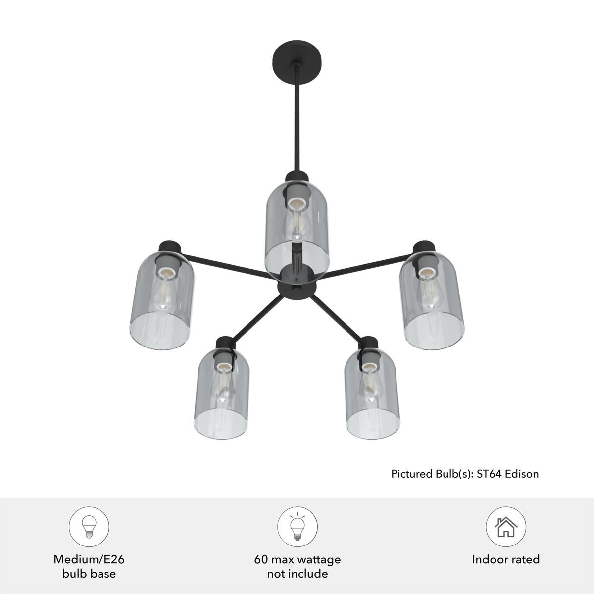 Lochemeade 26-inch 5-light Natural Black Iron Chandelier with Smoked Glass