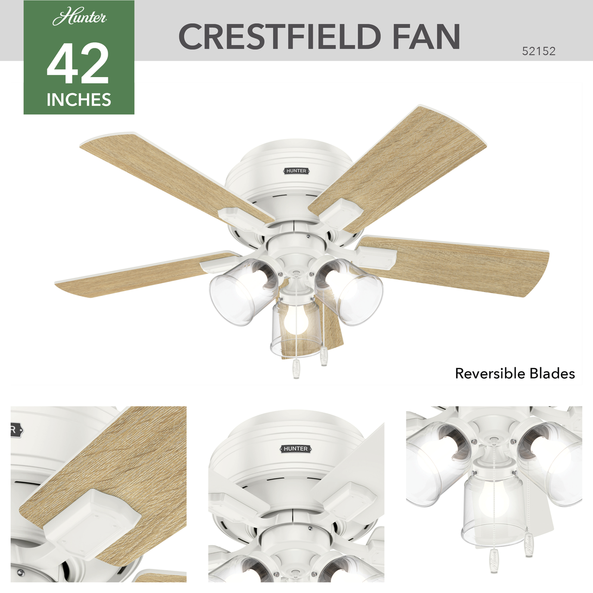 42 inch Crestfield Fresh White Low Profile Ceiling Fan with LED Light Kit and Pull Chain