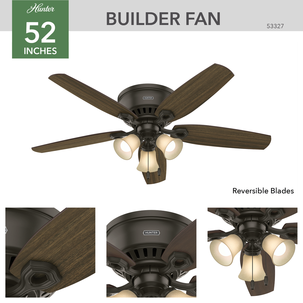 52 inch Builder New Bronze Low Profile Ceiling Fan with LED Light Kit and Pull Chain