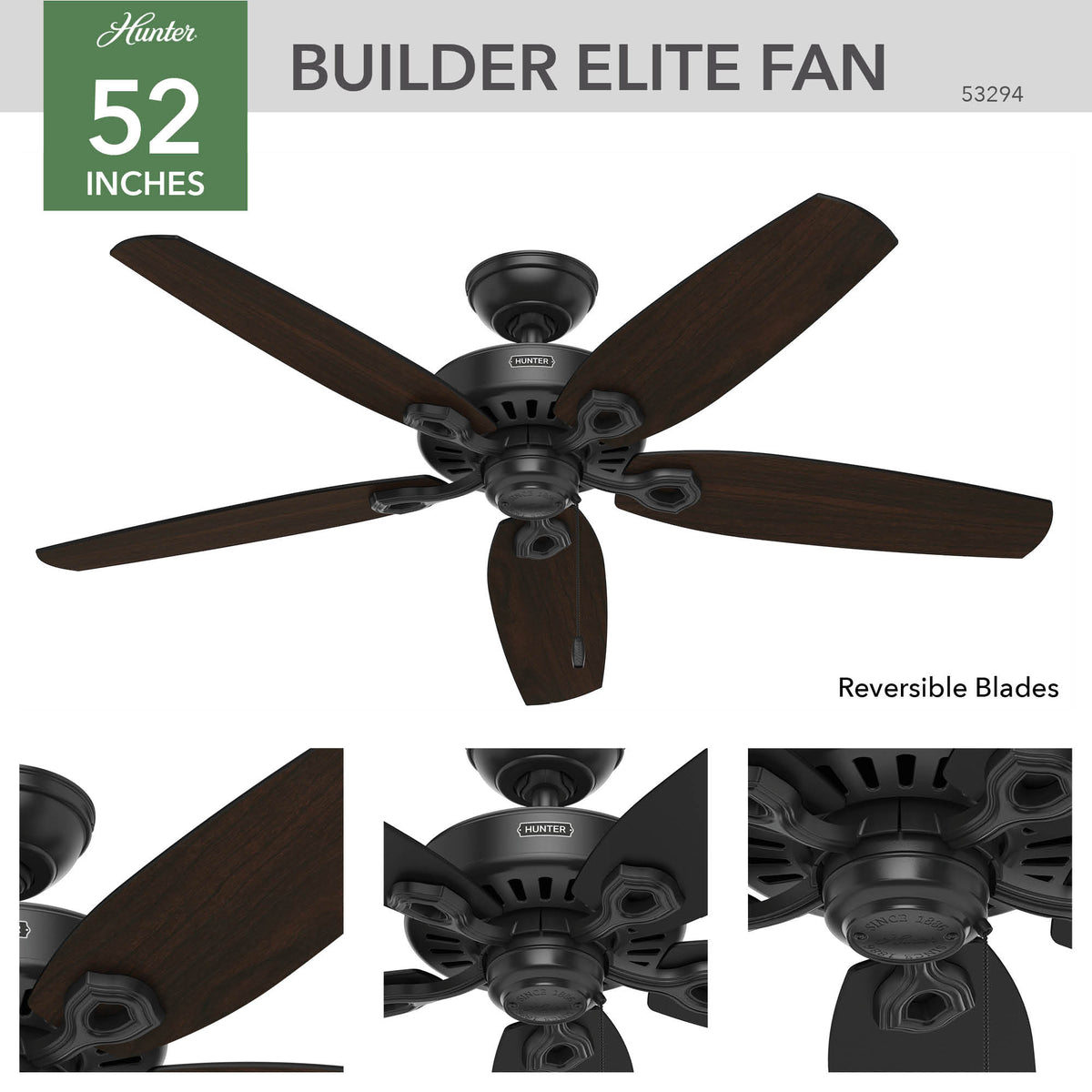 52 inch Builder Matte Black Damp Rated Ceiling Fan and Pull Chain