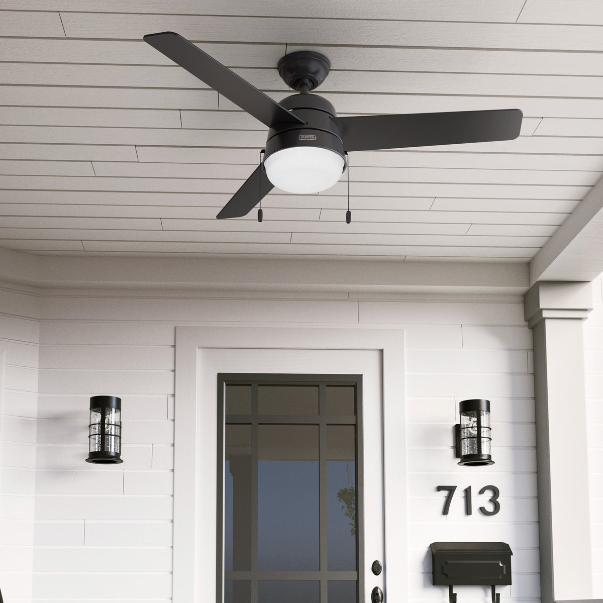 52 inch Aker Matte Black Damp Rated Ceiling Fan with LED Light Kit and Pull Chain