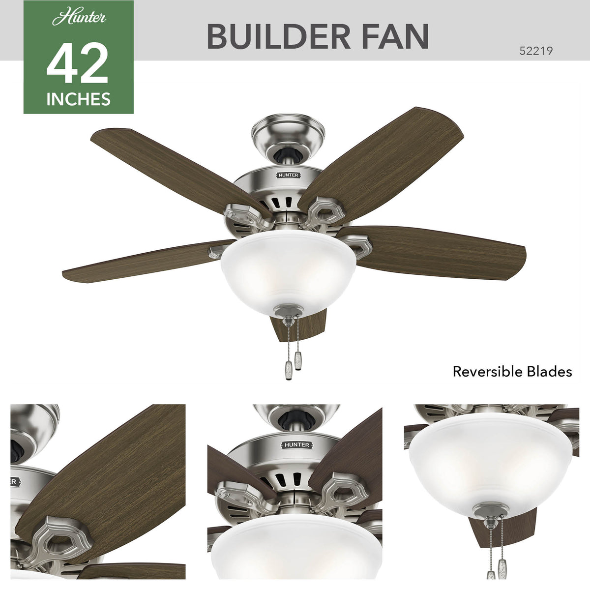 42 inch Builder Brushed Nickel Ceiling Fan with LED Light Kit and Pull Chain