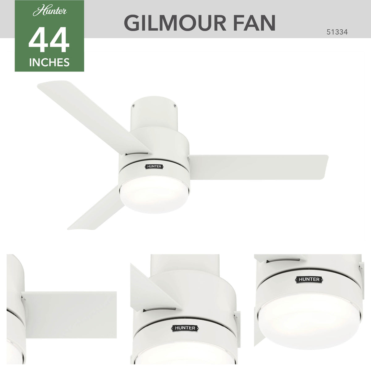 44 inch Gilmour Matte White Low Profile Damp Rated Ceiling Fan with LED Light Kit and Handheld Remote