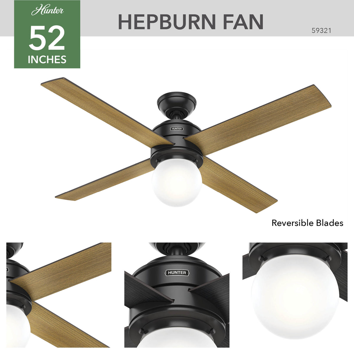 52 inch Hepburn Matte Black Ceiling Fan with LED Light Kit and Wall Control