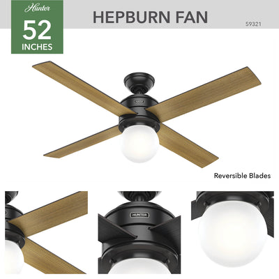 52 inch Hepburn Matte Black Ceiling Fan with LED Light Kit and Wall Control