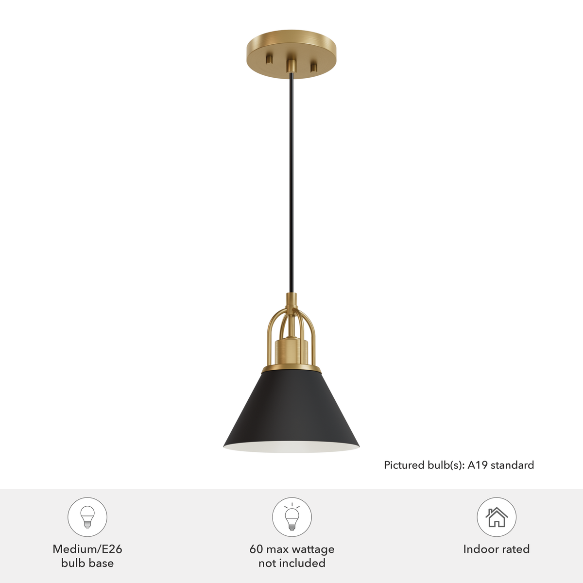 Carrington Isle 7-inch 1-light Matte Black and Luxe Gold Pendant with Matte Black Metal Shade