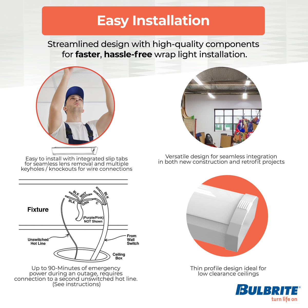 4-foot White 46W Dimmable LED Wraparound Utility Light, 3000K, 5300 Lumens, Battery Backup