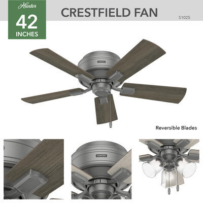 42 inch Crestfield Matte Silver Low Profile Ceiling Fan with LED Light Kit and Pull Chain