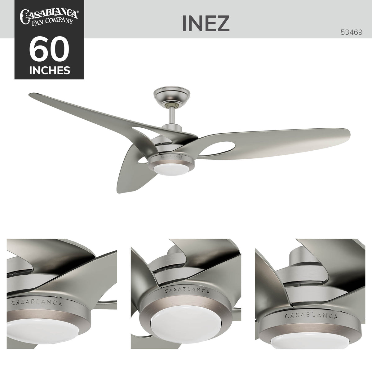 Casablanca 60 inch Inez ENERGY STAR® Brushed Nickel Damp Rated LED Ceiling Fan with Wall Control and Handheld Remote